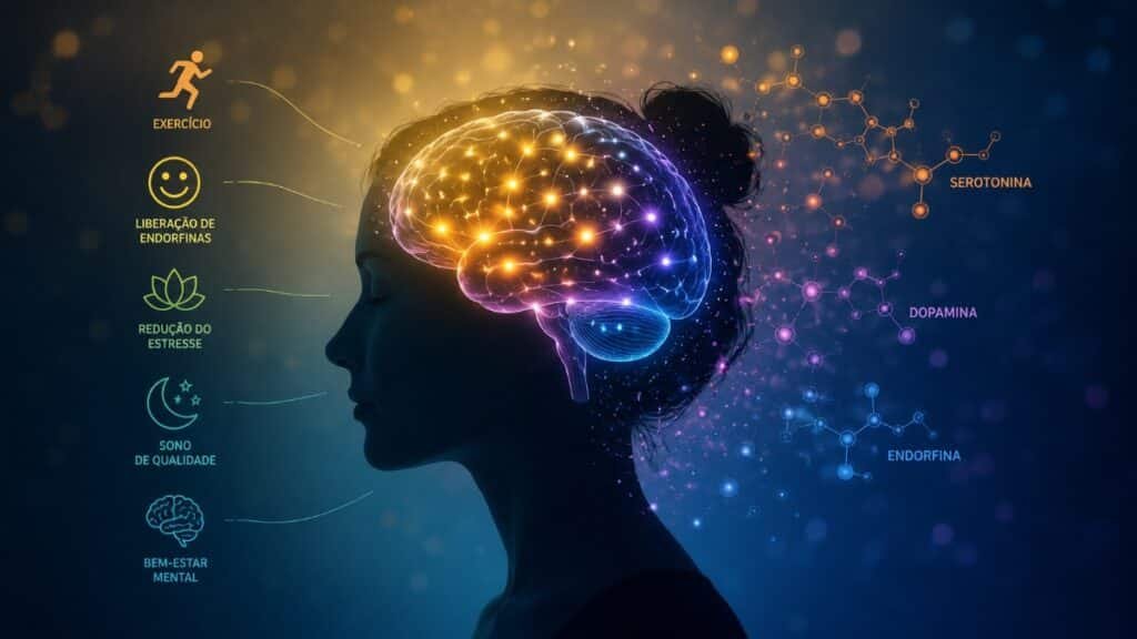 Busca Dança Imagem conceitual de cérebro com neurotransmissores ou ilustração simples sobre efeito do exercício na saúde mental