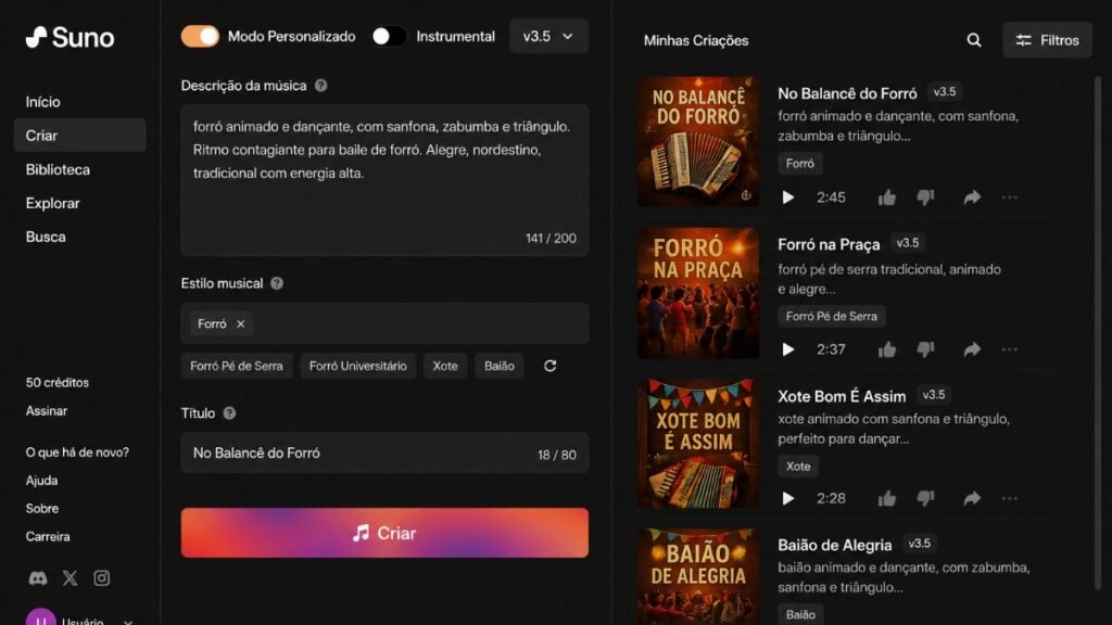 Busca Dança ferramenta de IA gerando música de forró para dança