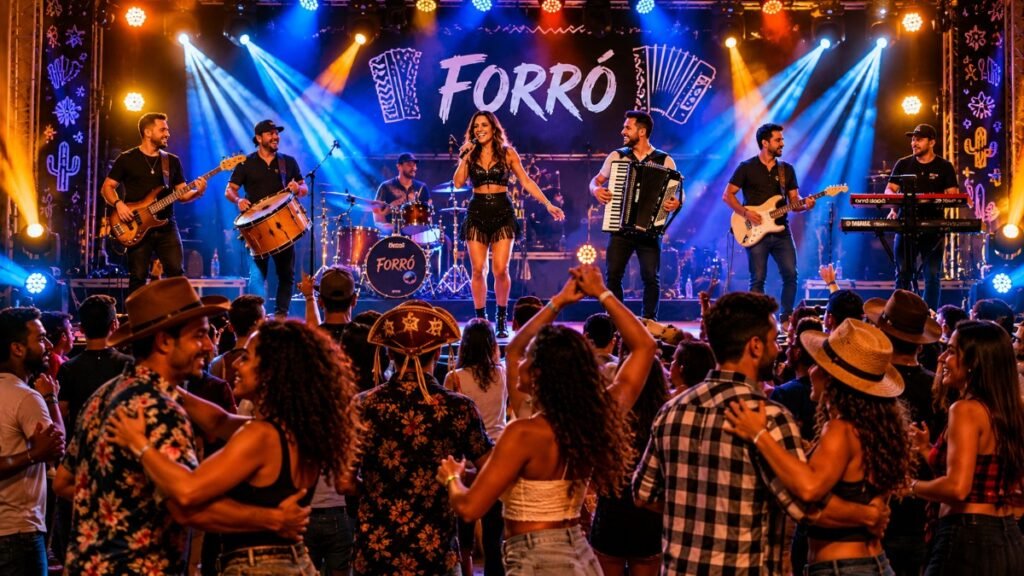 Busca Dança Jovens adultos dançando forró em casal dentro de uma casa de dança urbana, com giros e pista movimentada.