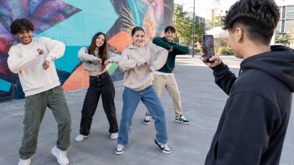 Busca Dança jovens gravando tendência de dança para redes sociais