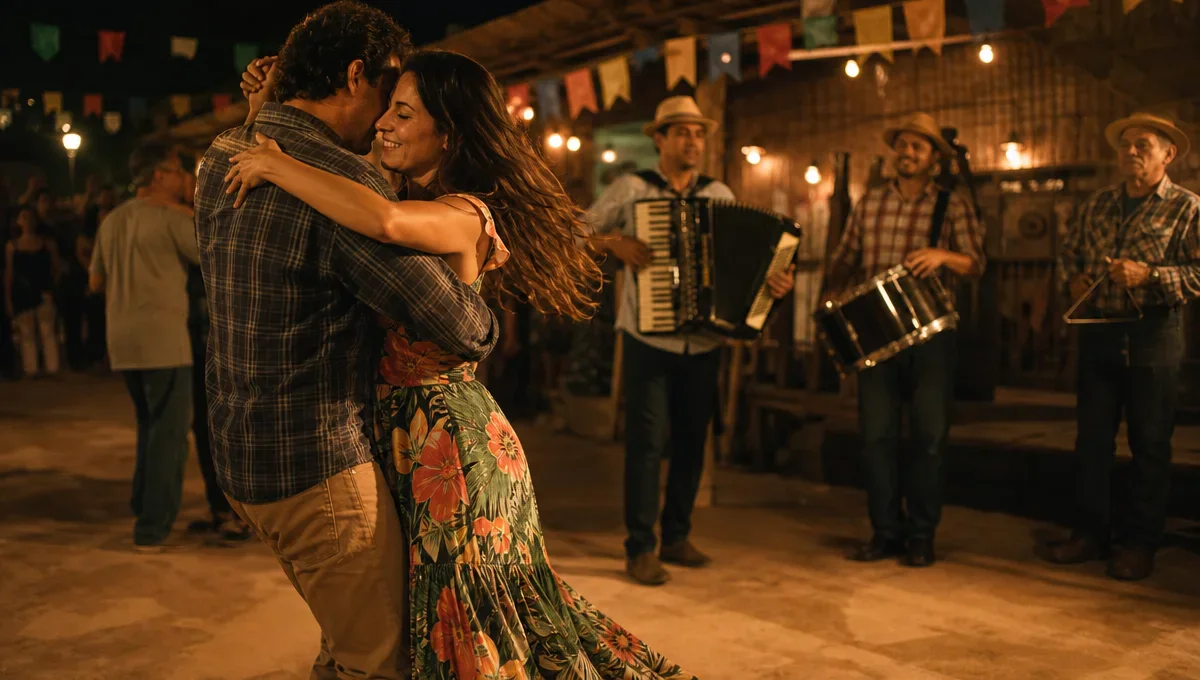Casal dança forró em salão com músicos ao fundo e clima de festa popular nordestina.