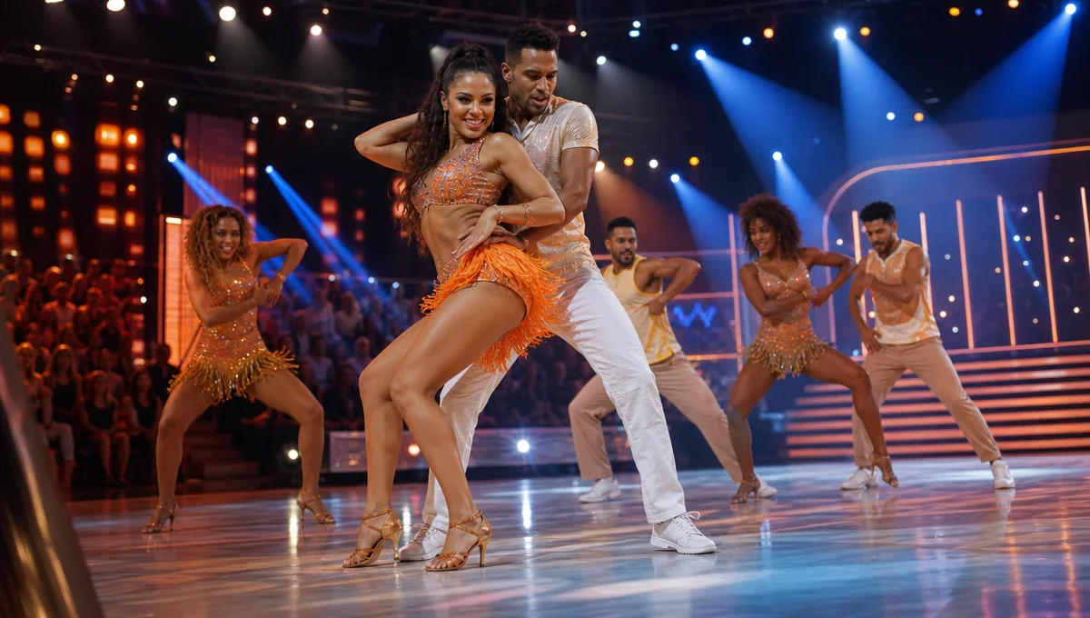 Palco de competição de dança na TV com dançarinos em apresentação de ritmo brasileiro e iluminação cênica.
