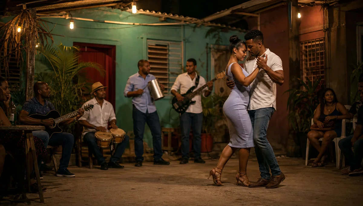 Casal dança bachata enquanto músicos tocam guitarra e percussão em ambiente inspirado na cultura popular dominicana.