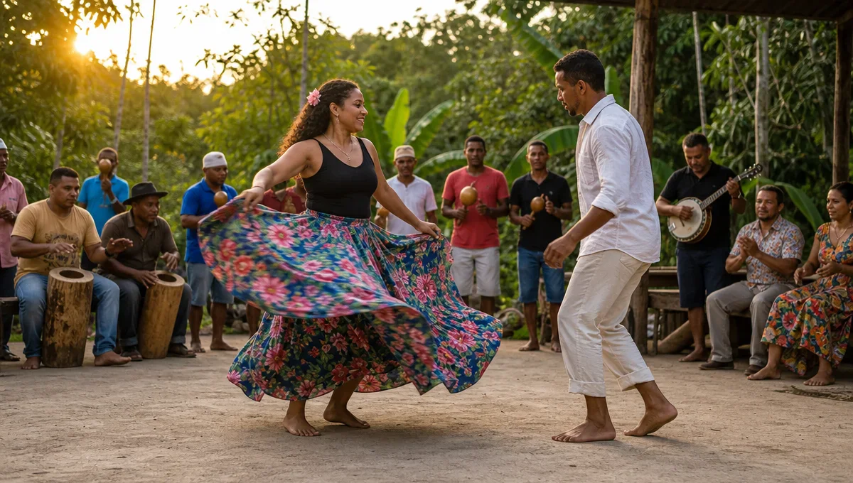 Casal dança carimbó diante de músicos que tocam tambores curimbós em uma roda comunitária.