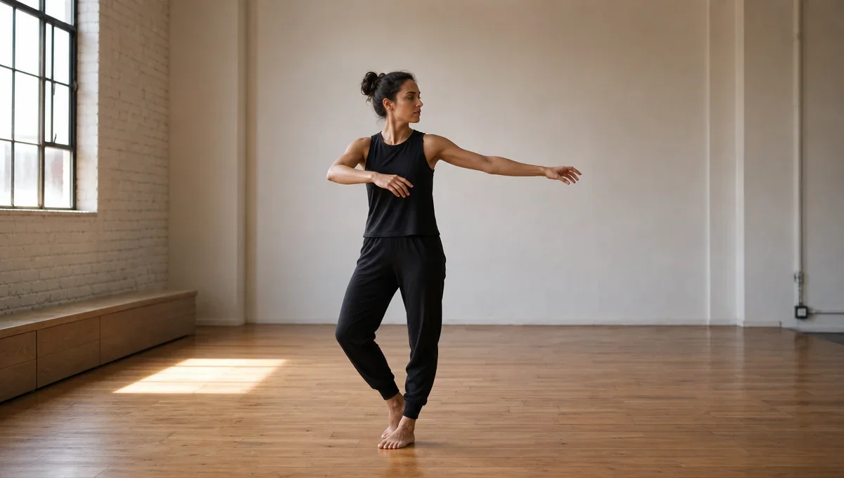 Pessoa faz movimentos leves de aquecimento em um estúdio de dança.