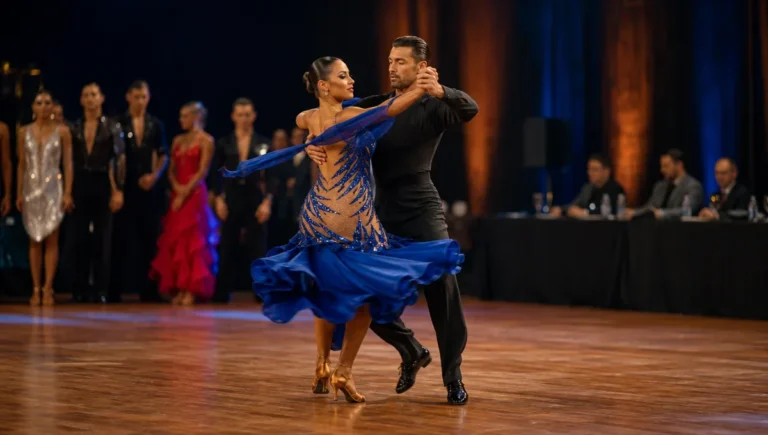Casal se apresentando diante de jurados em uma competição de dança de salão