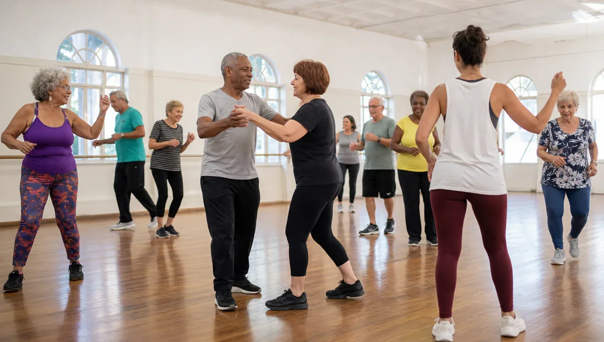 Pessoas com mais de 60 anos participam de uma aula de dança em um salão iluminado.
