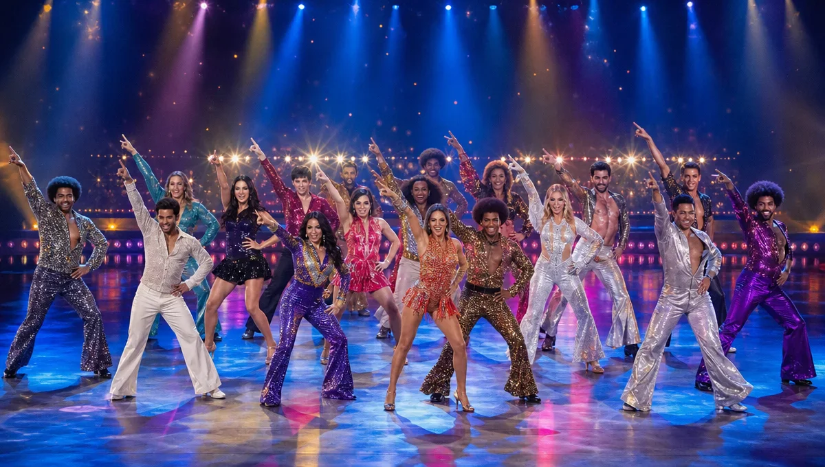 Participantes e professores da Dança dos Famosos 2026 apresentam uma coreografia coletiva em um palco iluminado.