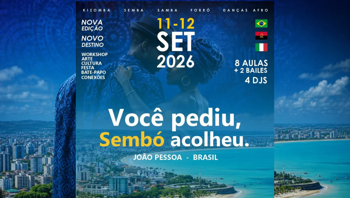 Arte em tons de azul com um casal dançando, vista aérea litorânea e textos que anunciam o Sembô Mundo Dança em João Pessoa, nos dias 11 e 12 de setembro de 2026.