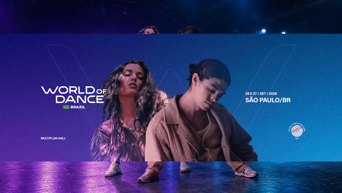 Arte promocional em tons de azul e roxo com duas pessoas em poses de dança, o logotipo do World of Dance Brazil e a indicação São Paulo/BR.