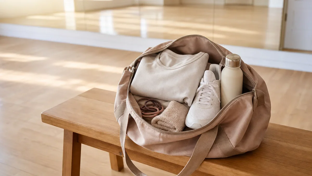 Bolsa aberta com roupa confortável, tênis limpo, garrafa de água, toalha pequena e elásticos de cabelo ao lado de uma sala de dança.