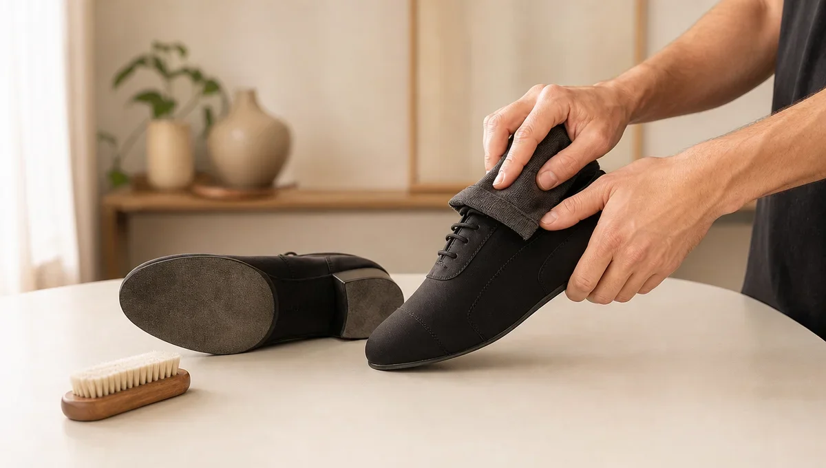 Sapatos de dança e escova própria para sola sobre uma bancada, enquanto uma mão limpa um dos calçados com pano macio.