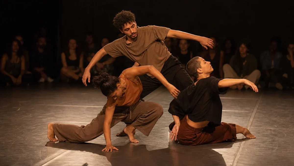 Bailarinos apresentam uma coreografia contemporânea em um palco intimista iluminado.