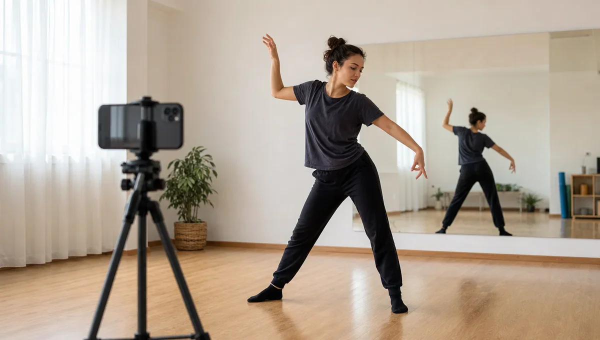 Pessoa pratica uma sequência de dança enquanto um celular em tripé grava seus movimentos.