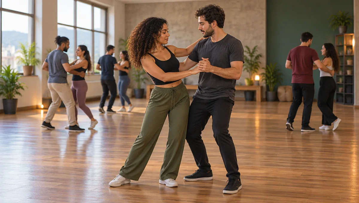 Ilustração de uma dupla praticando dança em um estúdio, com outros pares ao fundo.