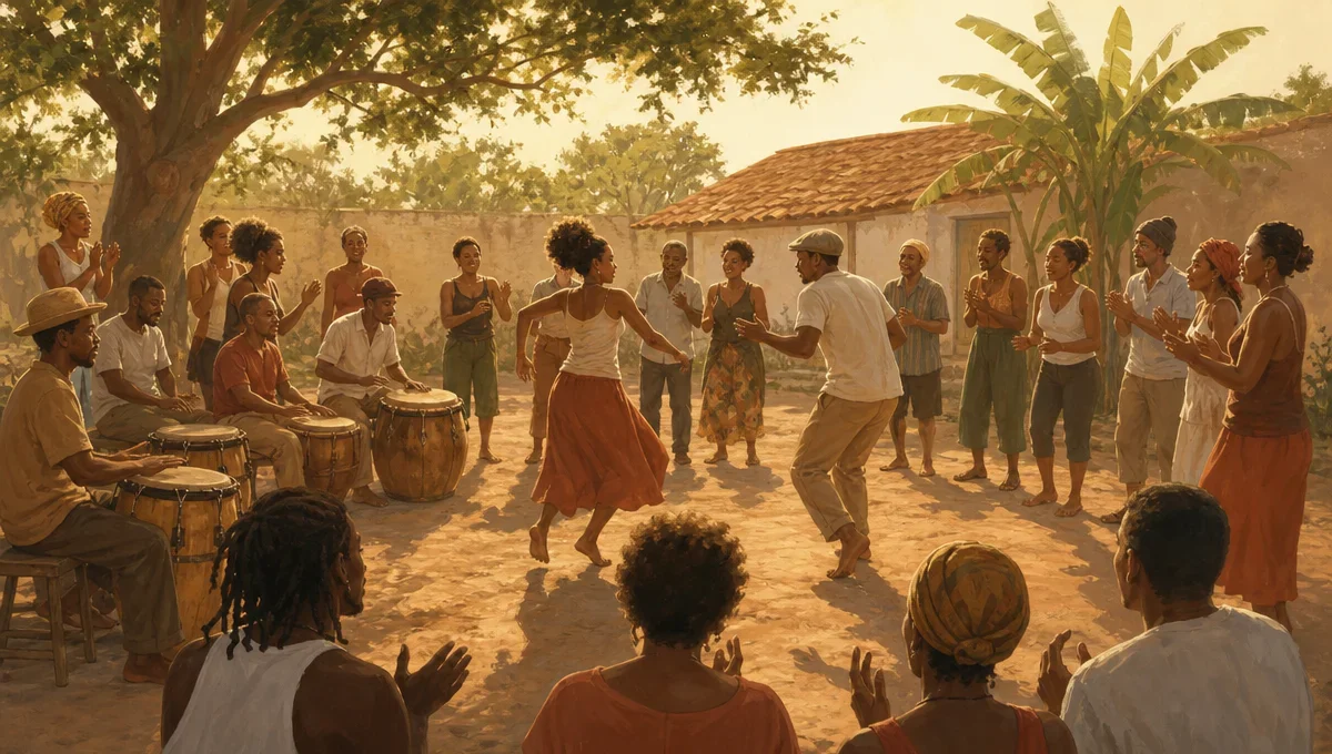 Ilustração de uma roda de jongo com dançarinos no centro e percussionistas próximos.
