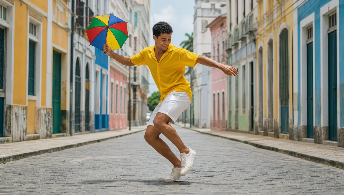Pessoa dança frevo com uma sombrinha colorida em uma rua, com o corpo inclinado em um passo ágil.