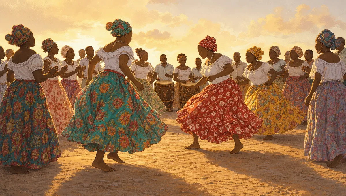 Ilustração conceitual sobre Tambor de crioula: como dança, canto e punga se encontram na roda